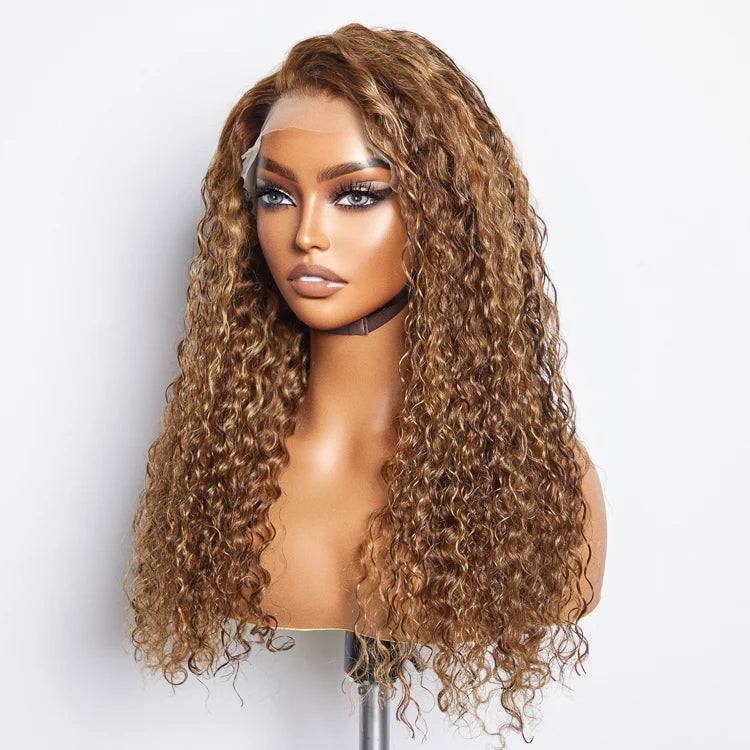 Pre-Plucked 13x4" Lace Front Water Wavy Highlight Wig Free Part 150% Density-100% Human Hair