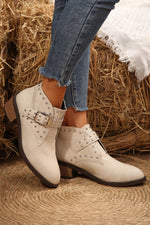 Load image into Gallery viewer, White Faux Leather Studded Pointed Toe Block Heel Ankle Boots
