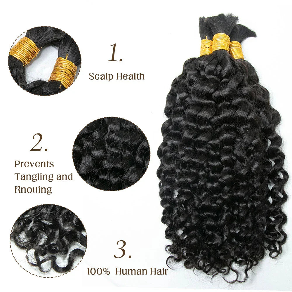Water Wave Bulk Hair For Braiding #1B Natural Black/Boho Braids