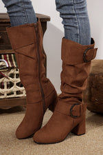 Load image into Gallery viewer, Coffee Suede Double Buckled Side Zipped Mid-calf Boots
