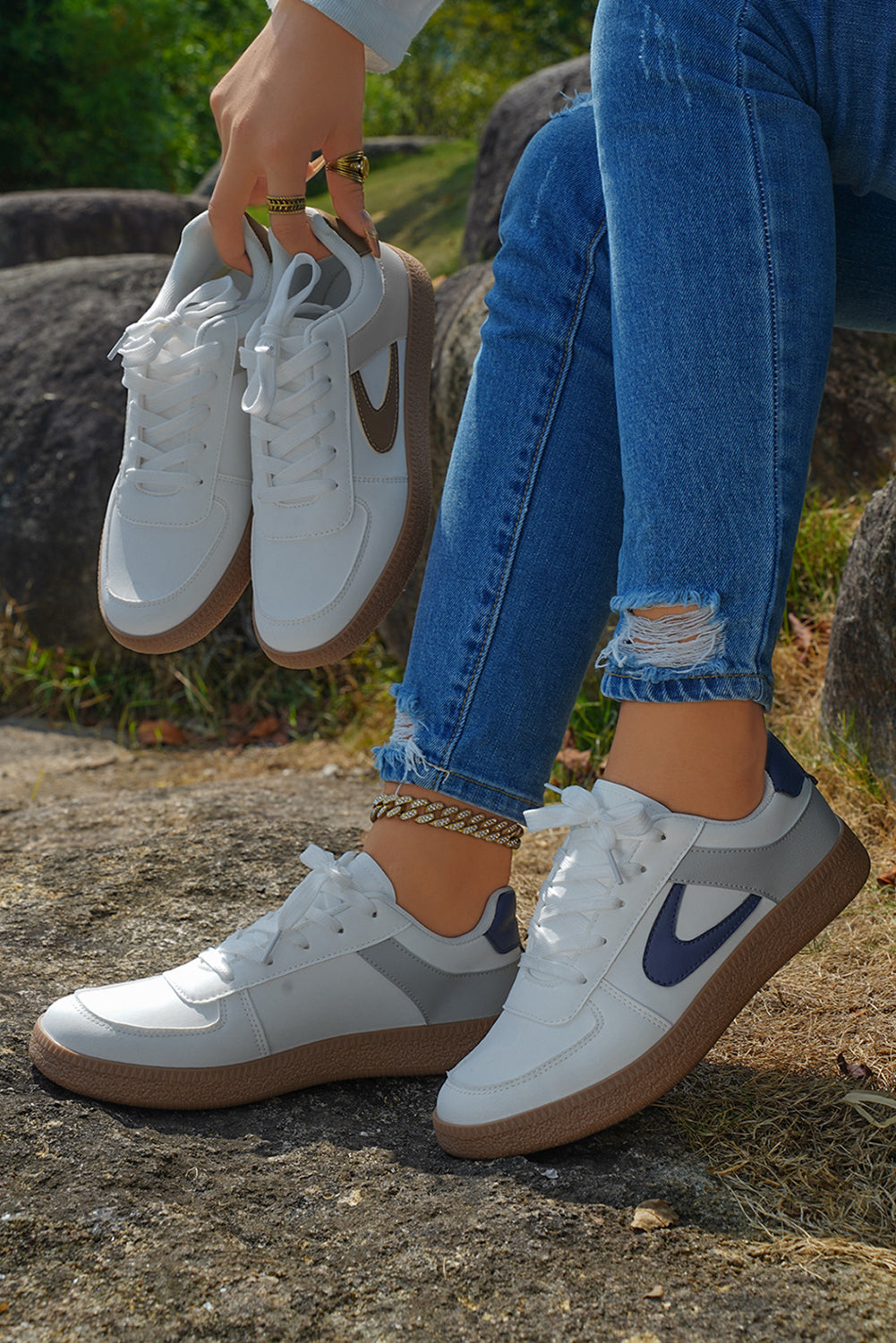 Navy Blue Leather Lace Up Sneakers