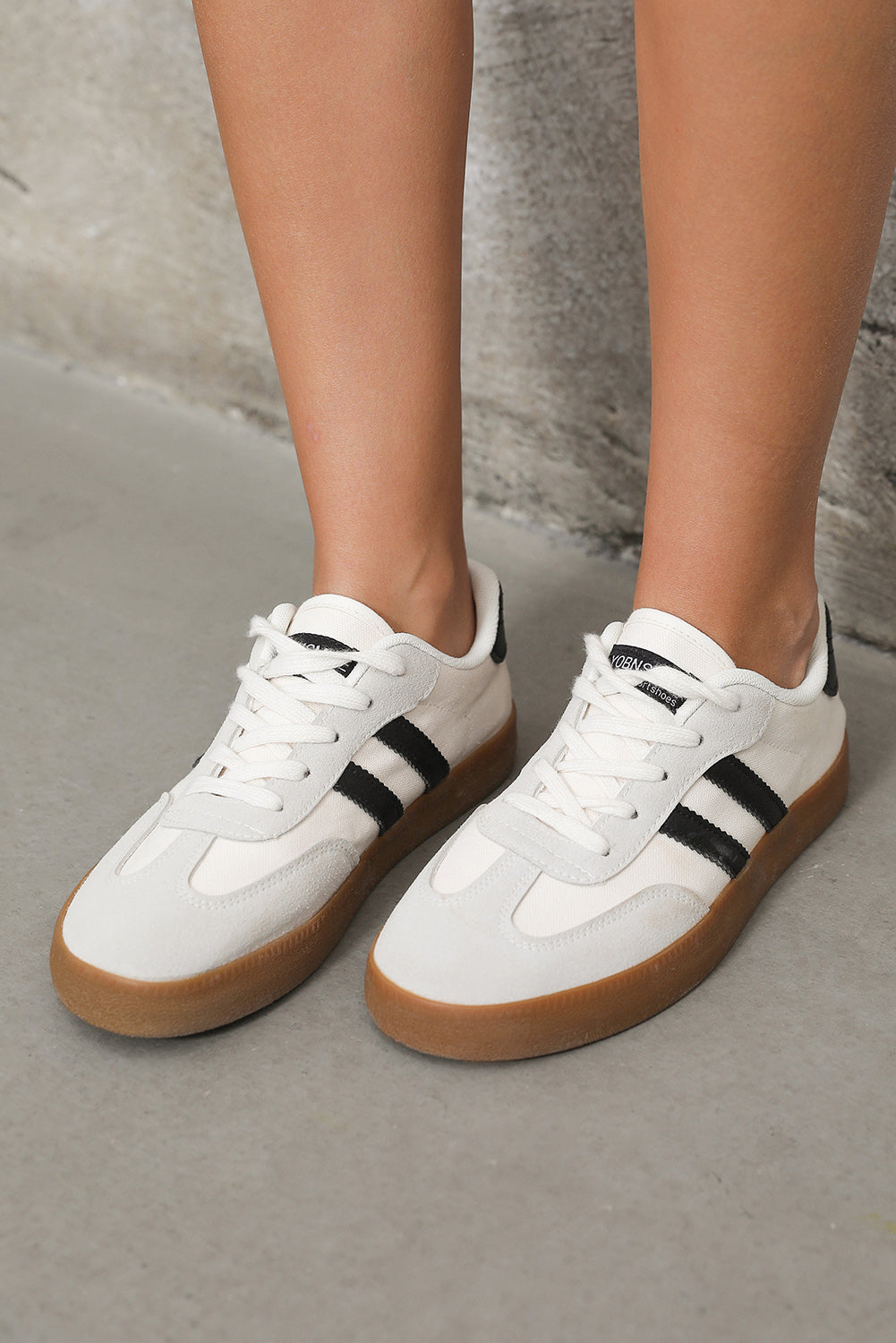 White Striped Lace Up Flat Sneakers