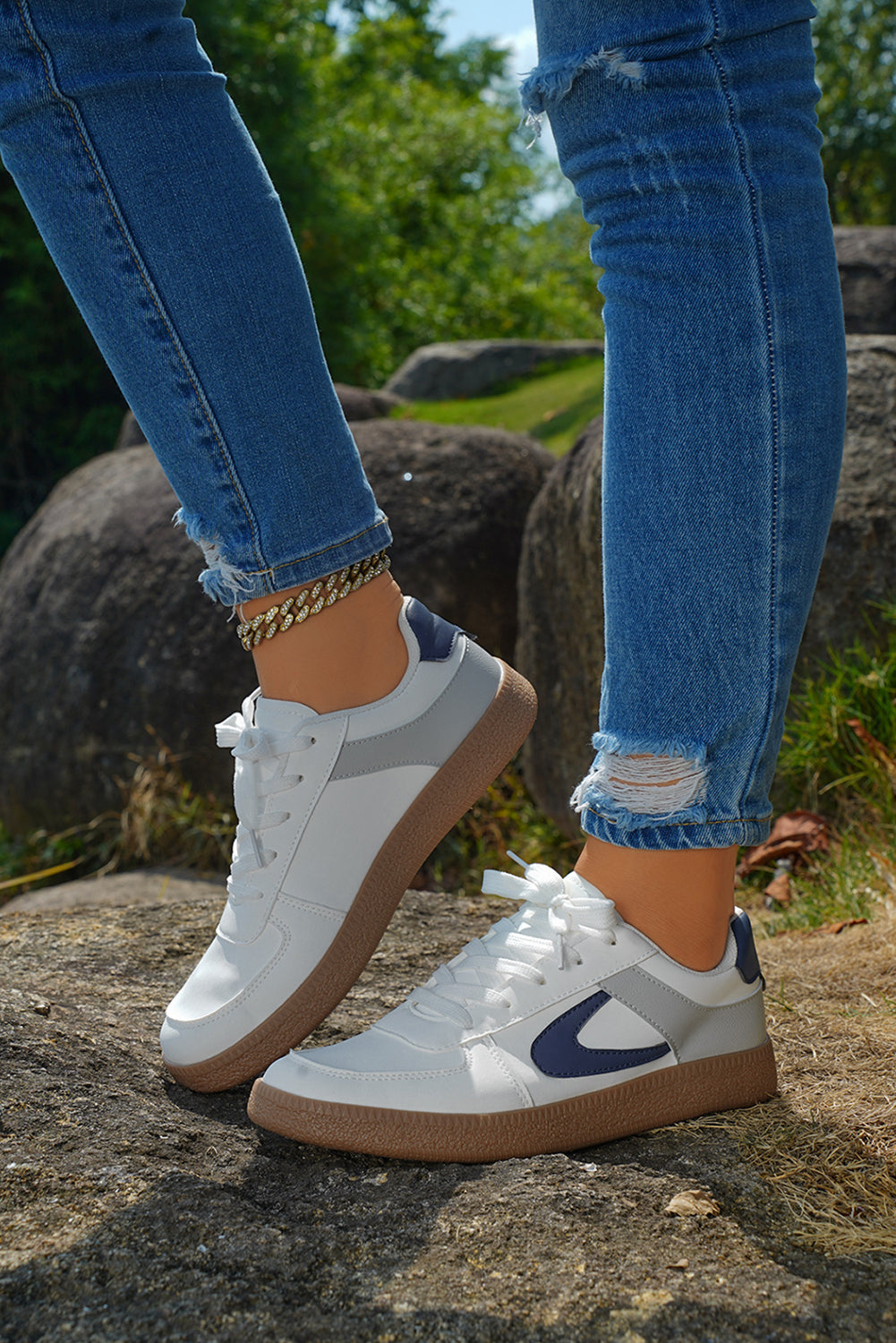 Navy Blue Leather Lace Up Sneakers