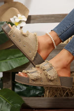 Load image into Gallery viewer, Pale Khaki Double Buckle Straps Frayed Detial Retro Slippers
