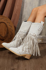 Load image into Gallery viewer, Jet Stream Faux Suede Studded Fringe Trim Heel Boots
