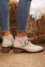 Load image into Gallery viewer, White Faux Leather Studded Pointed Toe Block Heel Ankle Boots
