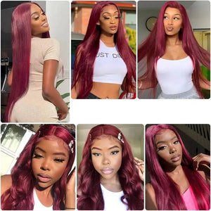 Wear Go Straight 99j Burgundy Glueless HD Lace Closure Lace Front Human Hair Wig. 6x4 Pre-Cut Pre-Plucked.
