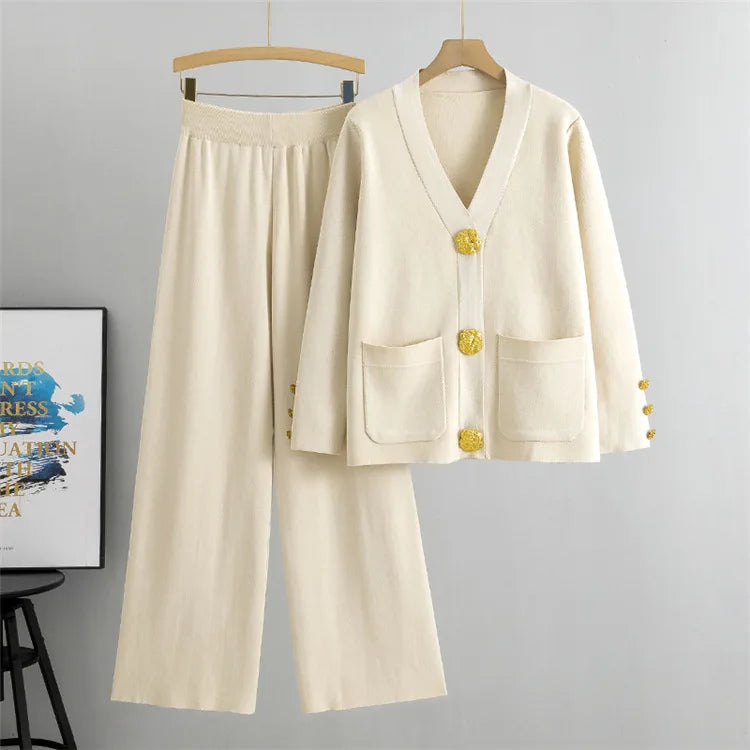 2-Piece Knit Lounge Set with Gold Button Detail – Cozy Meets Chic