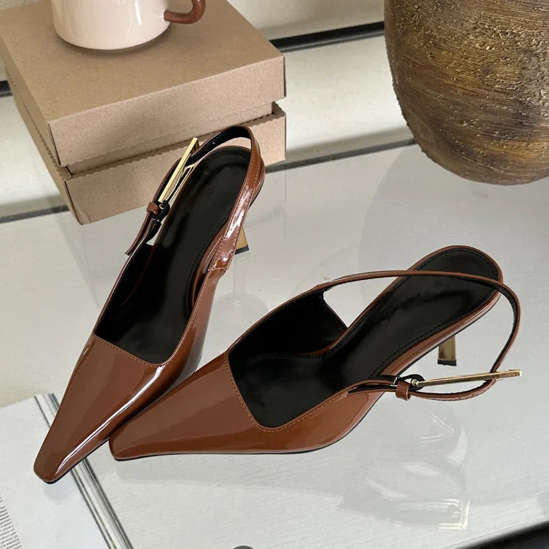 Chic Pointed Toe Strappy Pumps – Elegant Footwear in Red, White, Black & Brown