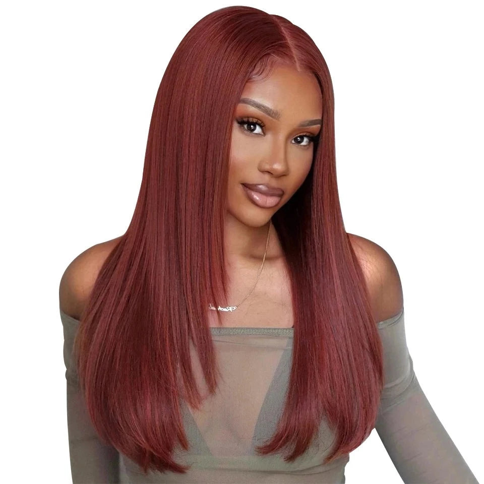 Wear And Go Glueless Malaysian Straight 6x4 Reddish Brown Color #33 Wig. Ready To Wear Human Hair Wig.
