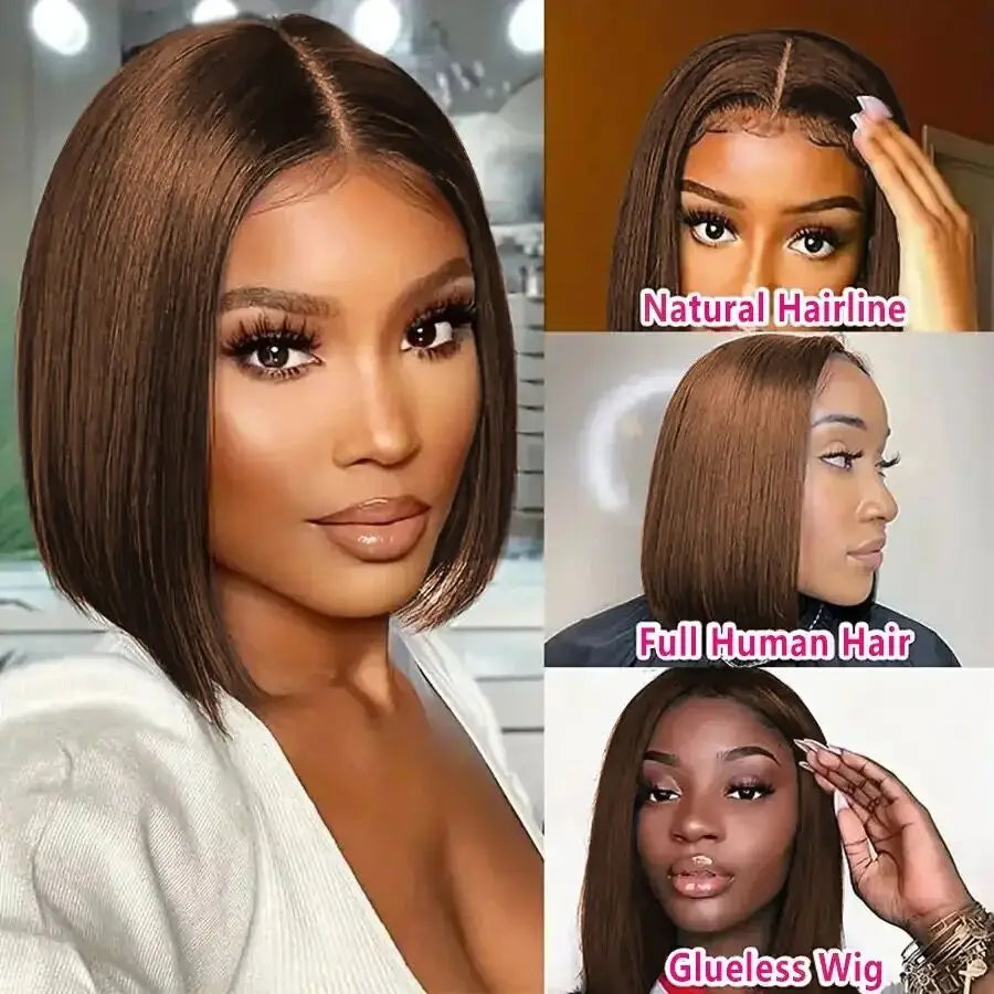 Glueless Straight Bob Wig Chocolate Brown Lace Front Human Hair Wigs. PreCut PrePlucked Short Bob Wigs. Wear Go.