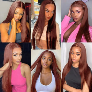 Wear And Go Glueless Reddish Brown HD Transparent 6x4 Straight Lace Front Wig. Pre-Plucked Wig.