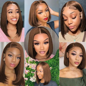 Glueless Straight Bob Wig Chocolate Brown Lace Front Human Hair Wigs. PreCut PrePlucked Short Bob Wigs. Wear Go.