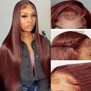 Wear And Go Glueless Reddish Brown HD Transparent 6x4 Straight Lace Front Wig. Pre-Plucked Wig.