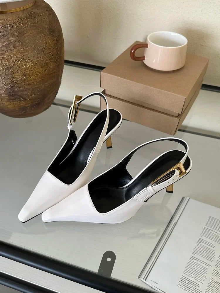 Chic Pointed Toe Strappy Pumps – Elegant Footwear in Red, White, Black & Brown