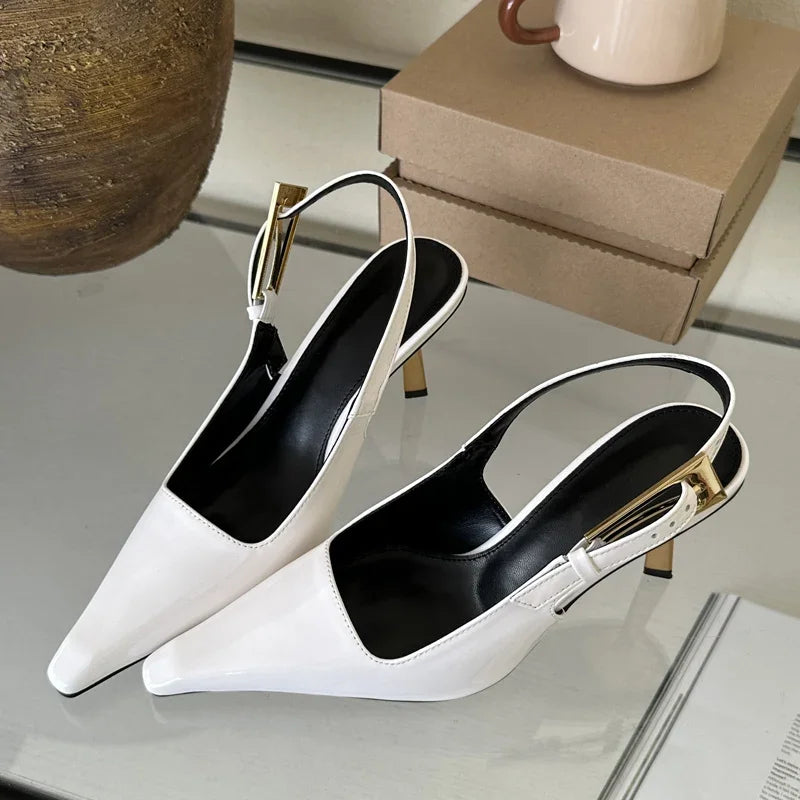 Chic Pointed Toe Strappy Pumps – Elegant Footwear in Red, White, Black & Brown