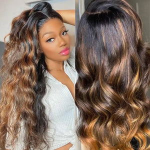 13x4 Lace Frontal Wig. Human Hair. Highlight Color Lace Frontal Wig. PrePluck Brown Body Wave Wig. Invisible HD Lace Wig.