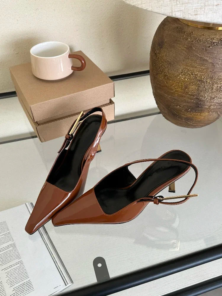 Chic Pointed Toe Strappy Pumps – Elegant Footwear in Red, White, Black & Brown