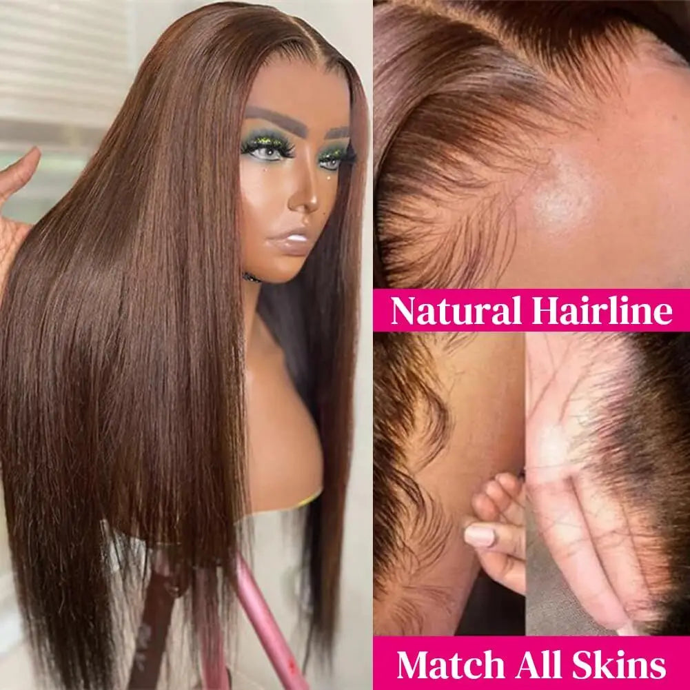 #4 Glueless Straight Wig. Wear And Go Chocolate Brown Lace Front Wig. 4x4 Lace Closure Wigs For Women.