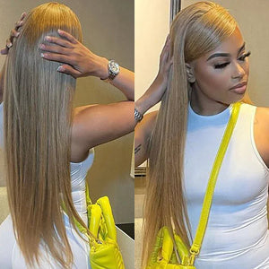 Wear And Go Honey Blonde  Glueless HD Straight Lace Front Wig. Human Hair #27 Color Pre Cut PrePlucked Closure Wig.
