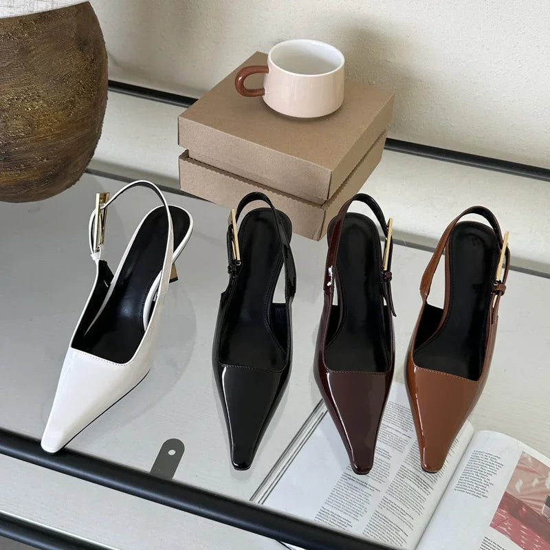 Chic Pointed Toe Strappy Pumps – Elegant Footwear in Red, White, Black & Brown