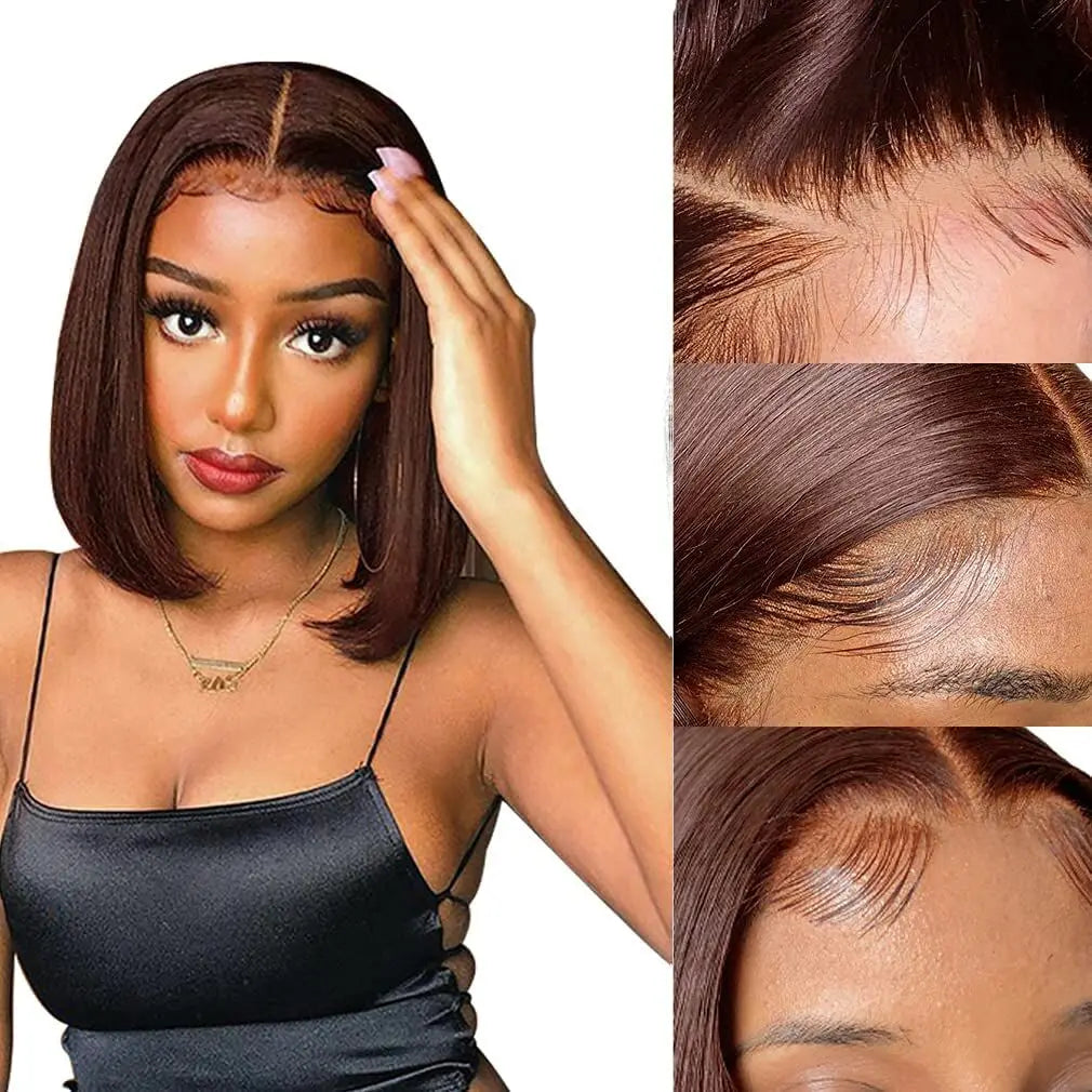 Glueless PrePlucked Wear Go Short Bob Chocolate Brown Lace Front Wig. Bone Straight Bob Wig. I