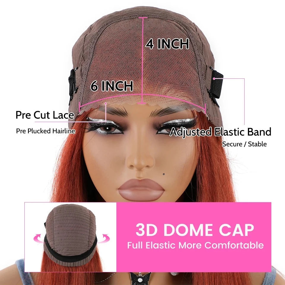 Wear And Go Glueless Reddish Brown HD Transparent 6x4 Straight Lace Front Wig. Pre-Plucked Wig.