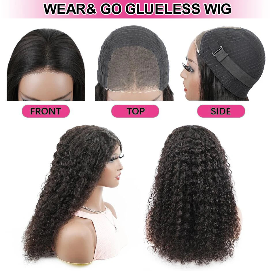 Water Wave Glueless Wig. Pre-Cut HD Lace Wig. 180% Pre-Plucked Natural Wave Glueless Curly Human Hair Wig.