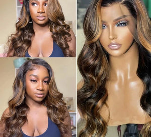 13x4 Lace Frontal Wig. Human Hair. Highlight Color Lace Frontal Wig. PrePluck Brown Body Wave Wig. Invisible HD Lace Wig.