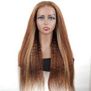 Wear Go Glueless Wig. Highlight 4/27 Brazilian Kinky Straight. 6x4 HD Lace Glueless Wig. Human Hair Ready To Wear Pre-Cut