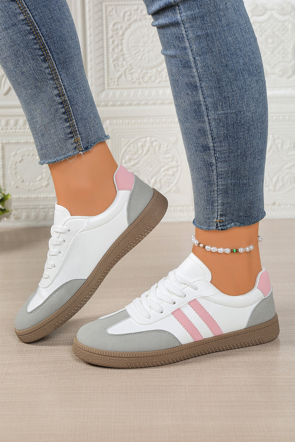 Pink Striped Patchwork Lace Up Sneakers