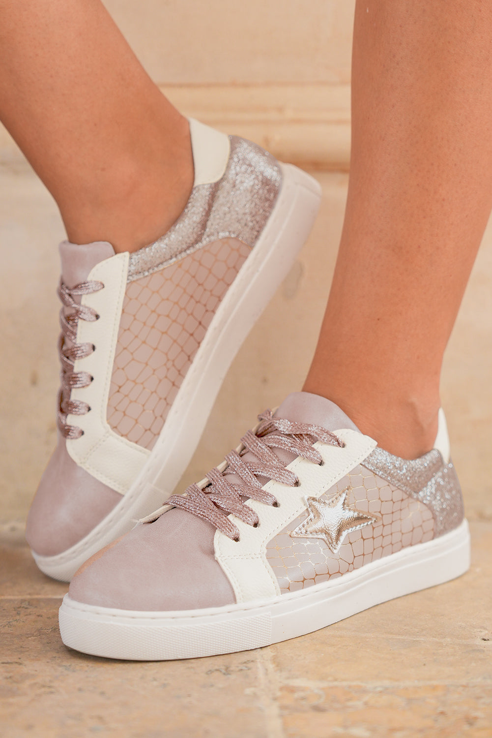 Gold Glitter Star Patchwork Leather Lace-up Sneakers