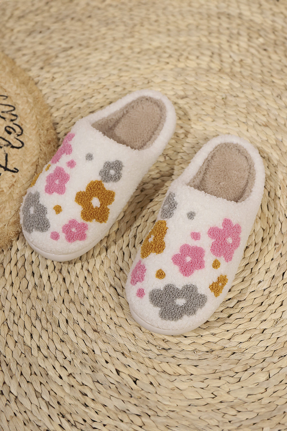 White Floral Fuzzy Winter Slippers