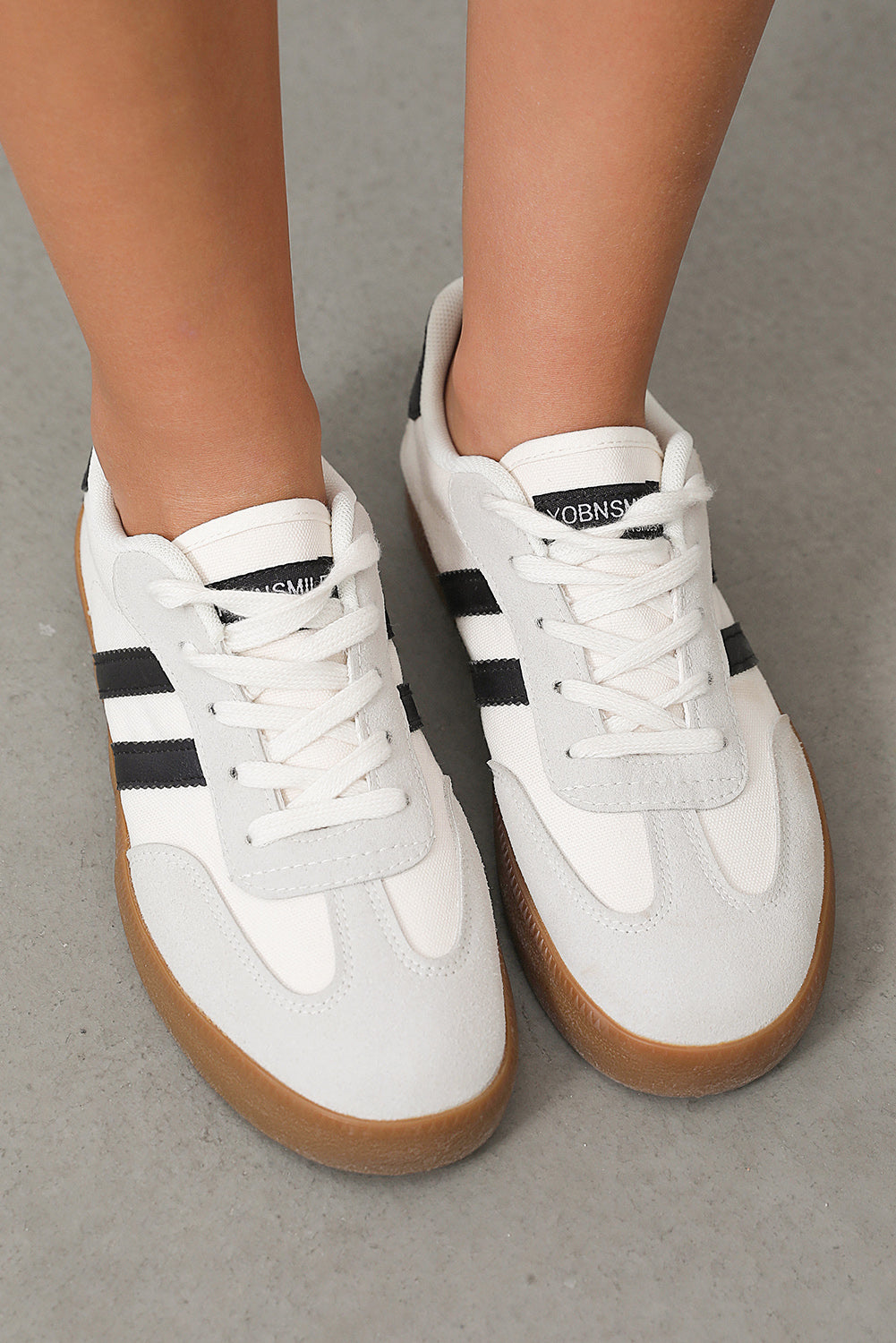 White Striped Lace Up Flat Sneakers