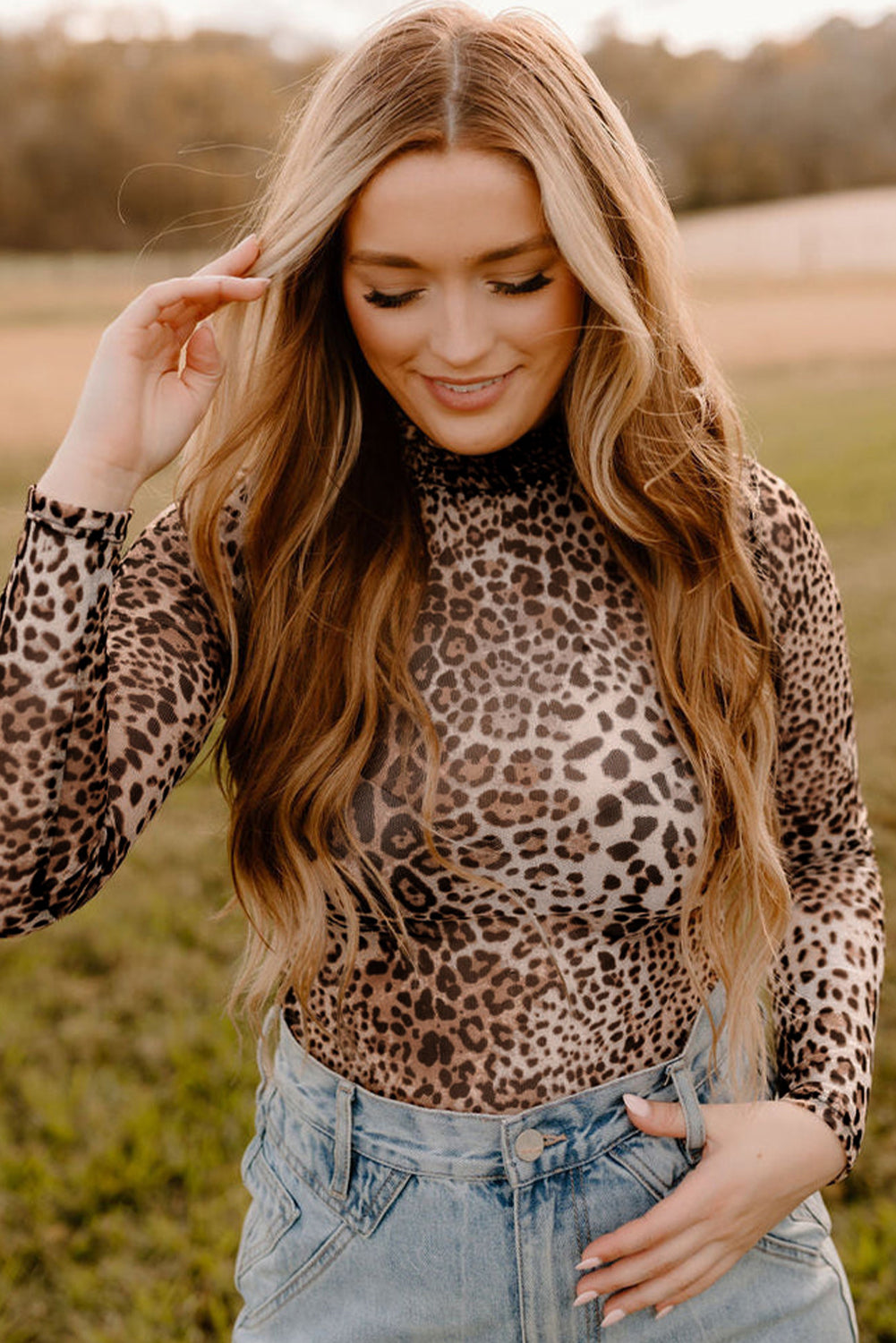 Leopard Print Smocked Neck Mesh Bodysuit