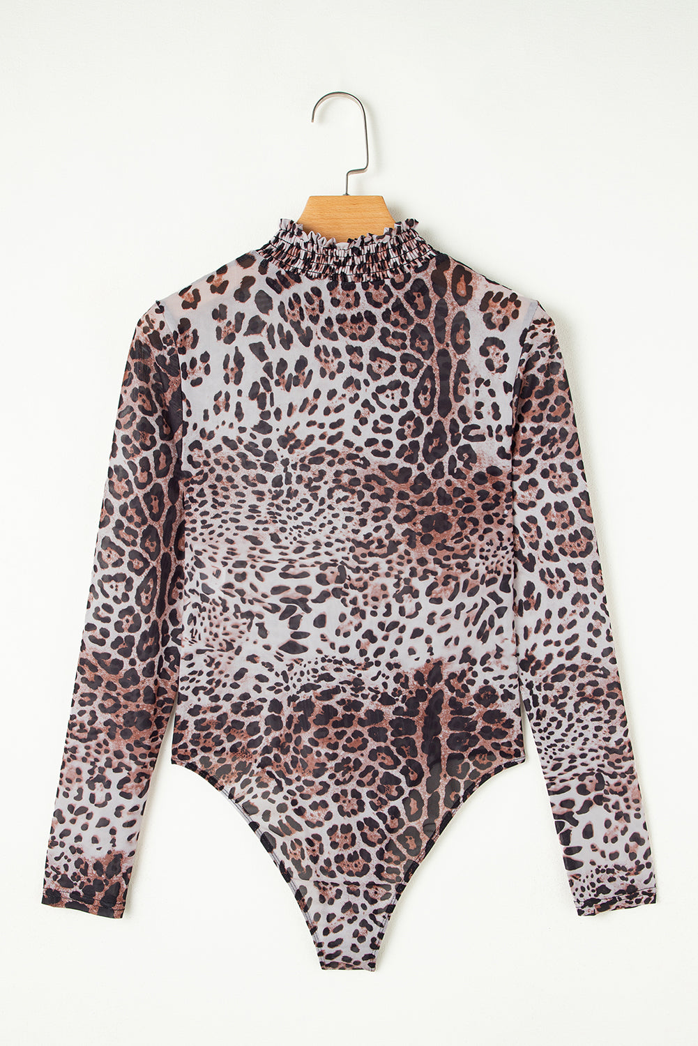 Leopard Print Smocked Neck Mesh Bodysuit