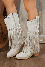 Load image into Gallery viewer, Jet Stream Faux Suede Studded Fringe Trim Heel Boots

