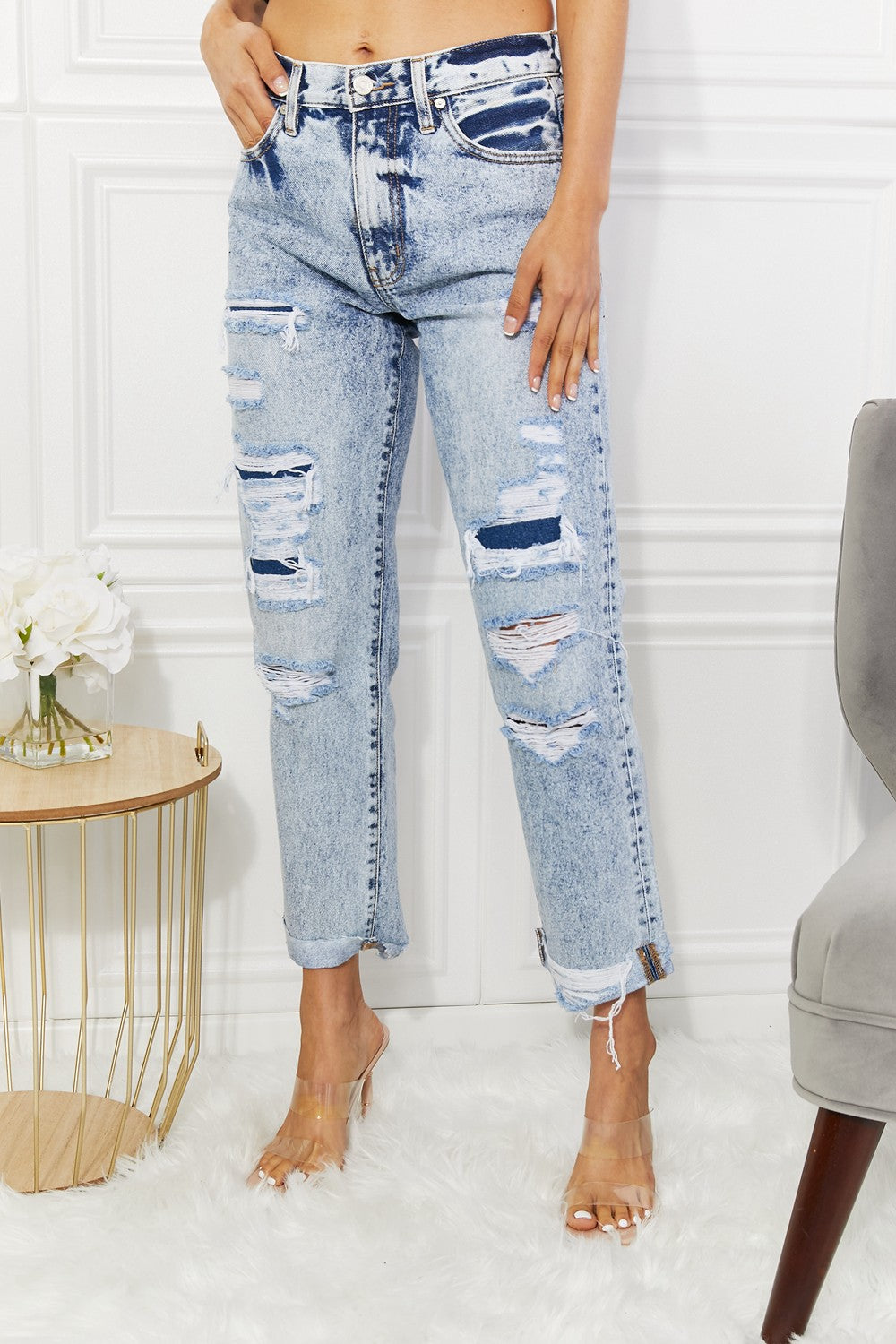 High Rise Distressed Straight Jeans Pants