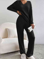 Load image into Gallery viewer, Ribbed V-Neck Long Sleeve Top and Pants Set
