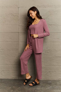 Full Size Cropped Top, Long Pants and Cardigan Lounge Set