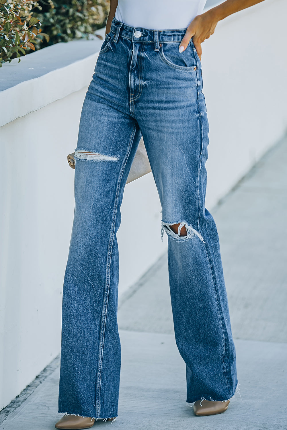 High-Rise Distressed Raw Hem Jeans Pants