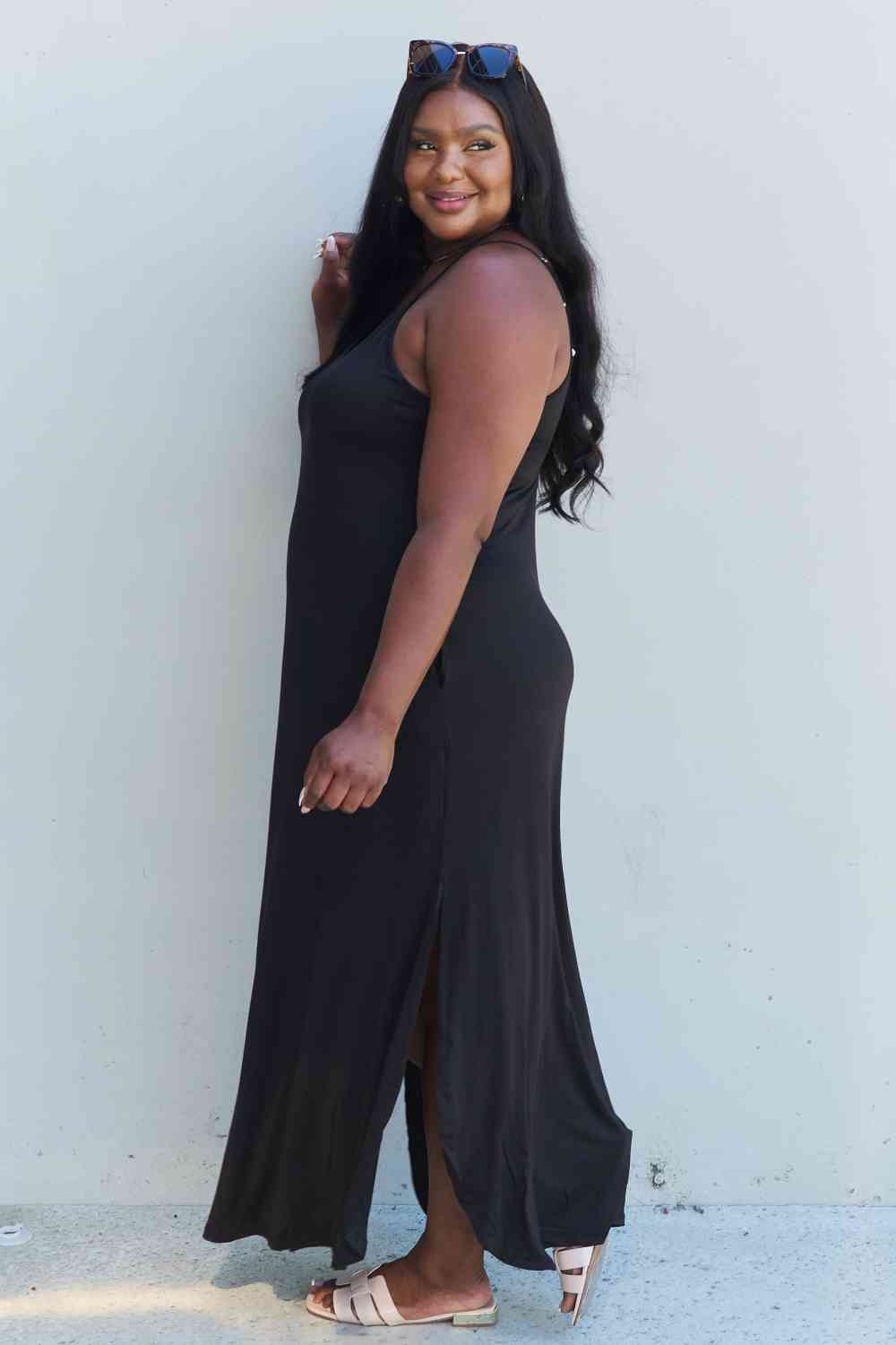 Good Energy Full Size Cami Side Slit Maxi Dress in Black