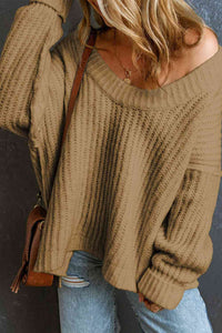 Ribbed Round Neck Dropped Shoulder Sweater