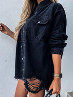 Load image into Gallery viewer, Raw Hem Collared Neck Long Sleeve Denim Jacket
