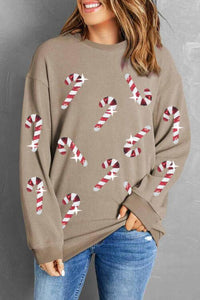 Sequin Candy Cane Round Neck Sweatshirt