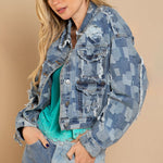 Load image into Gallery viewer, Plaid Raw Hem Dropped Shoulder Denim Jacket
