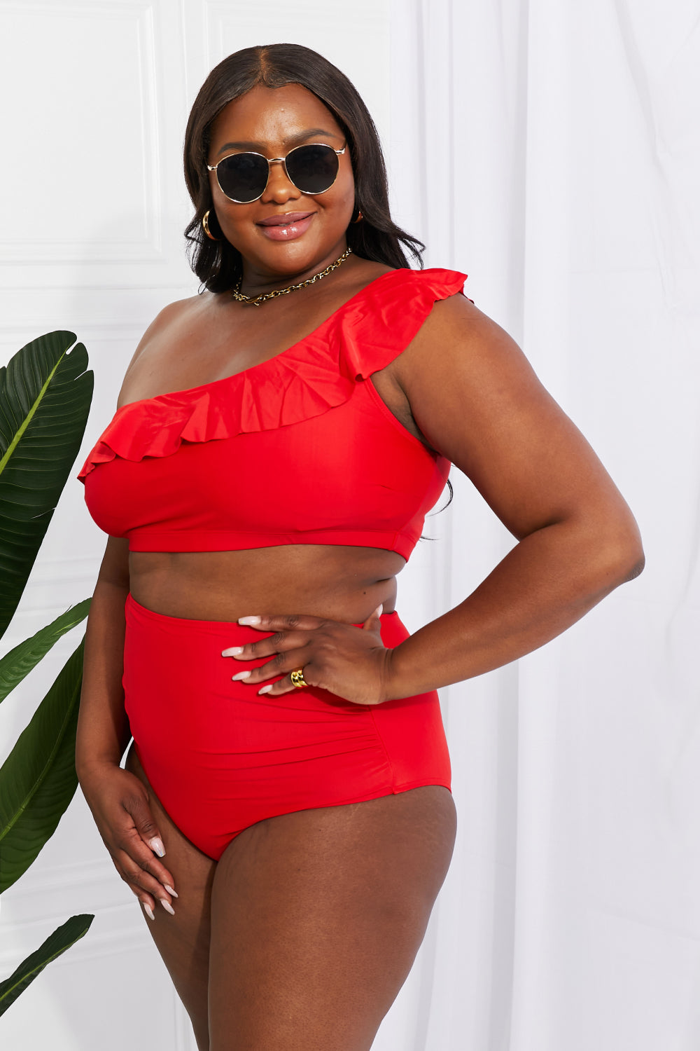 Ruffle One-Shoulder Bikini in Red