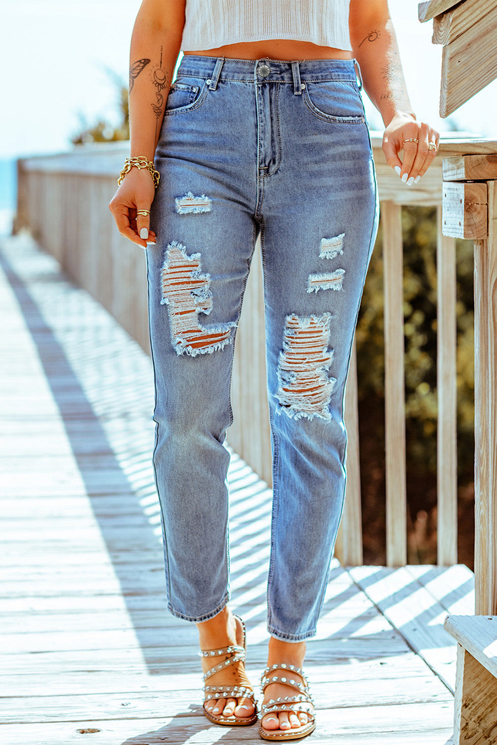 Distressed Ankle-Length Straight Leg Jeans Pants