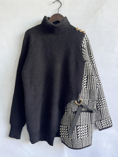 Houndstooth Turtleneck Long Sleeve Slit Sweater