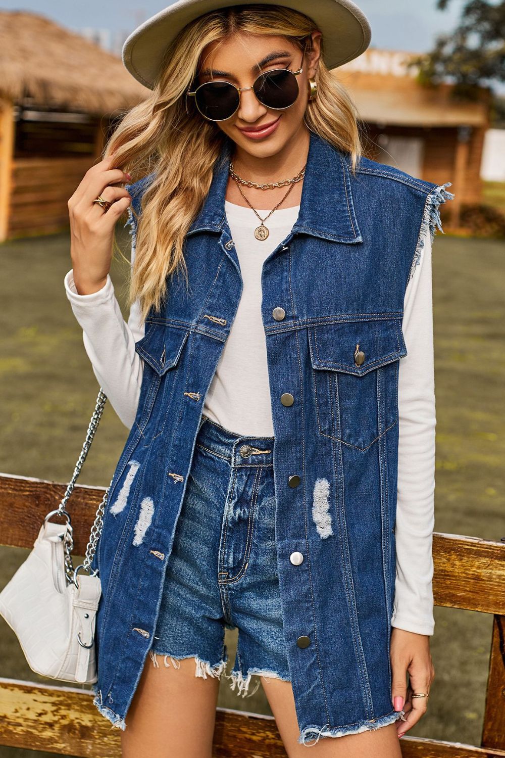 Sleeveless Button-Up Collared Denim Top with Pockets